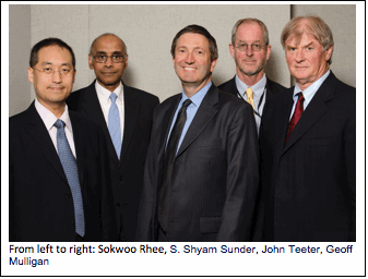 From left to right: Sokwoo Rhee, S. Shyam Sunder, John Teeter, Geoff Mulligan
